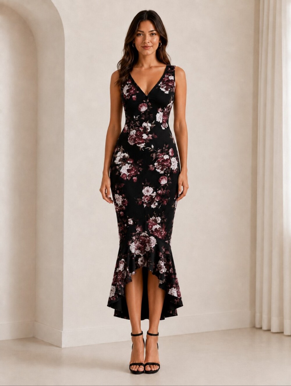 LE CHATEAU Stunning Floral V-Neck Black & Pink Mermaid Flare Hi-Lo Evening Dress